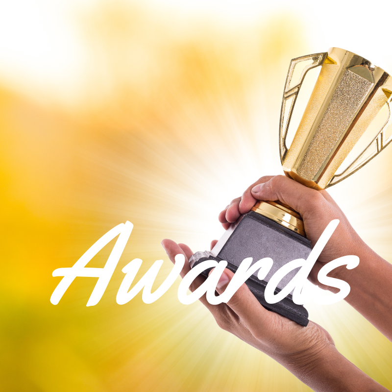 image of hand holding a trophy with the word Awards overlaying